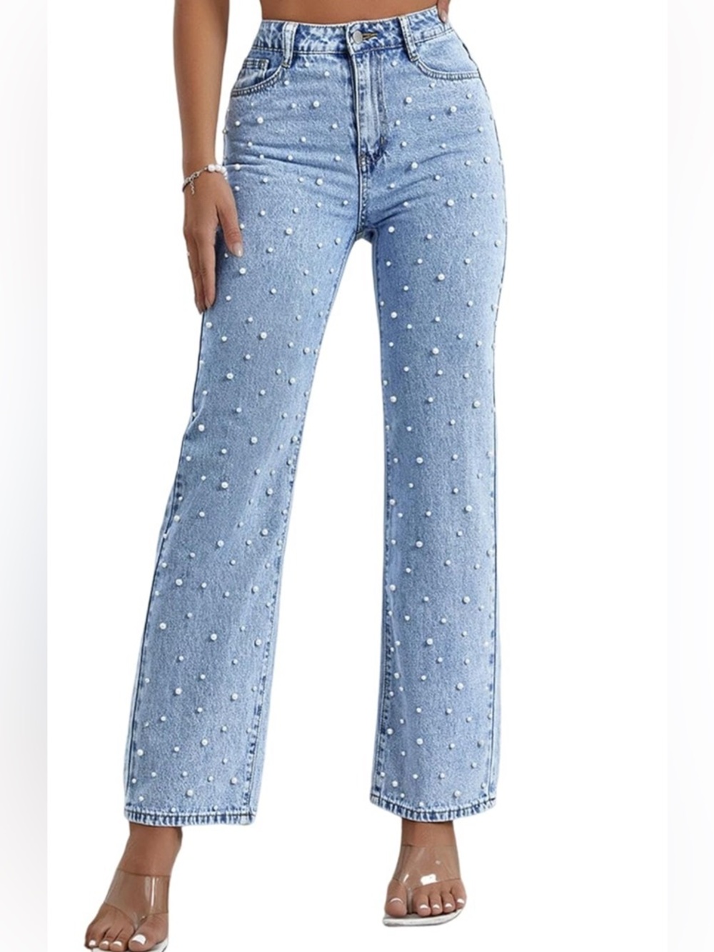 Light Blue Pearl-Embellished Women's Jeans